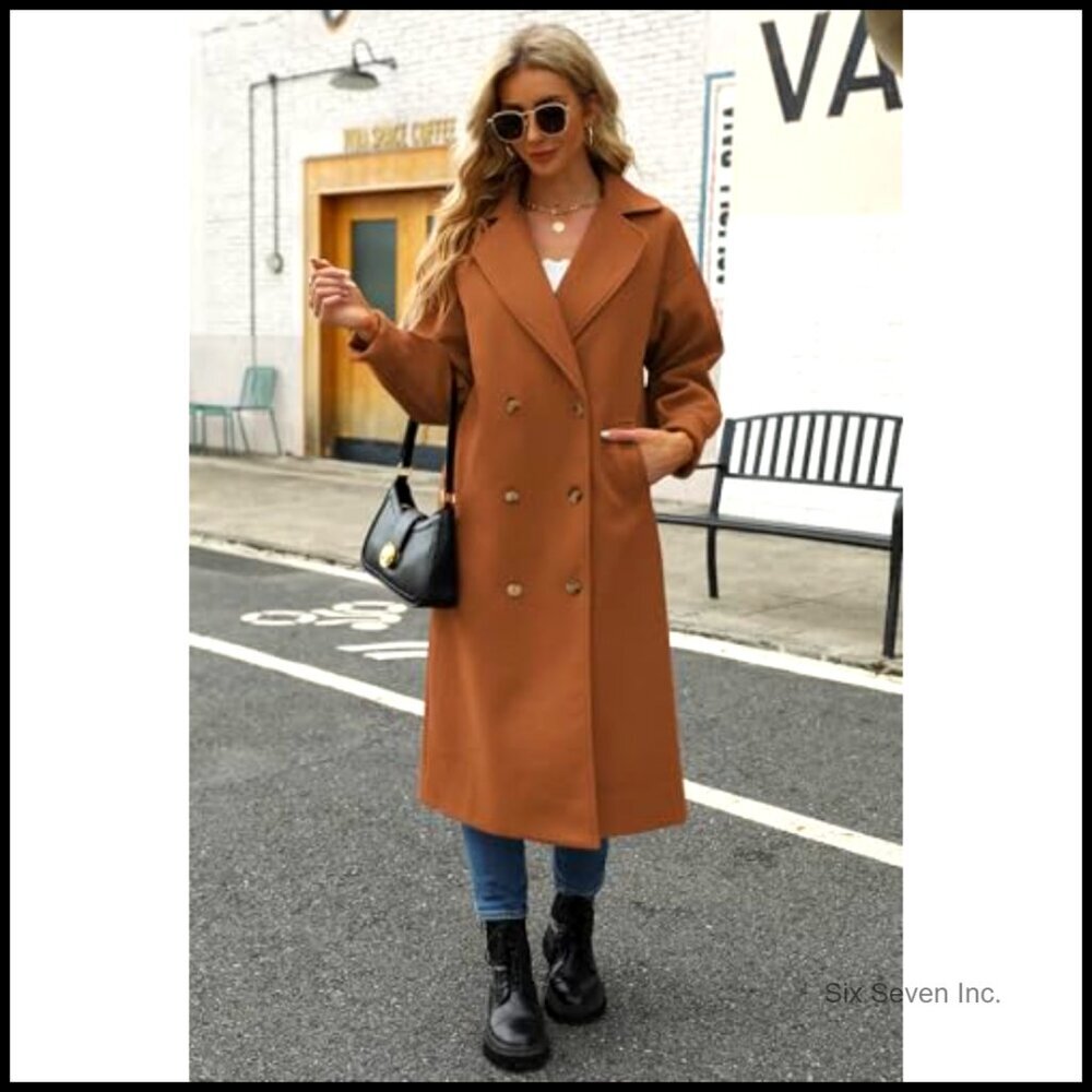 Long Wool Blend Pea Coat with Notched Lapel Collar Double Breasted - Picture 5 of 7